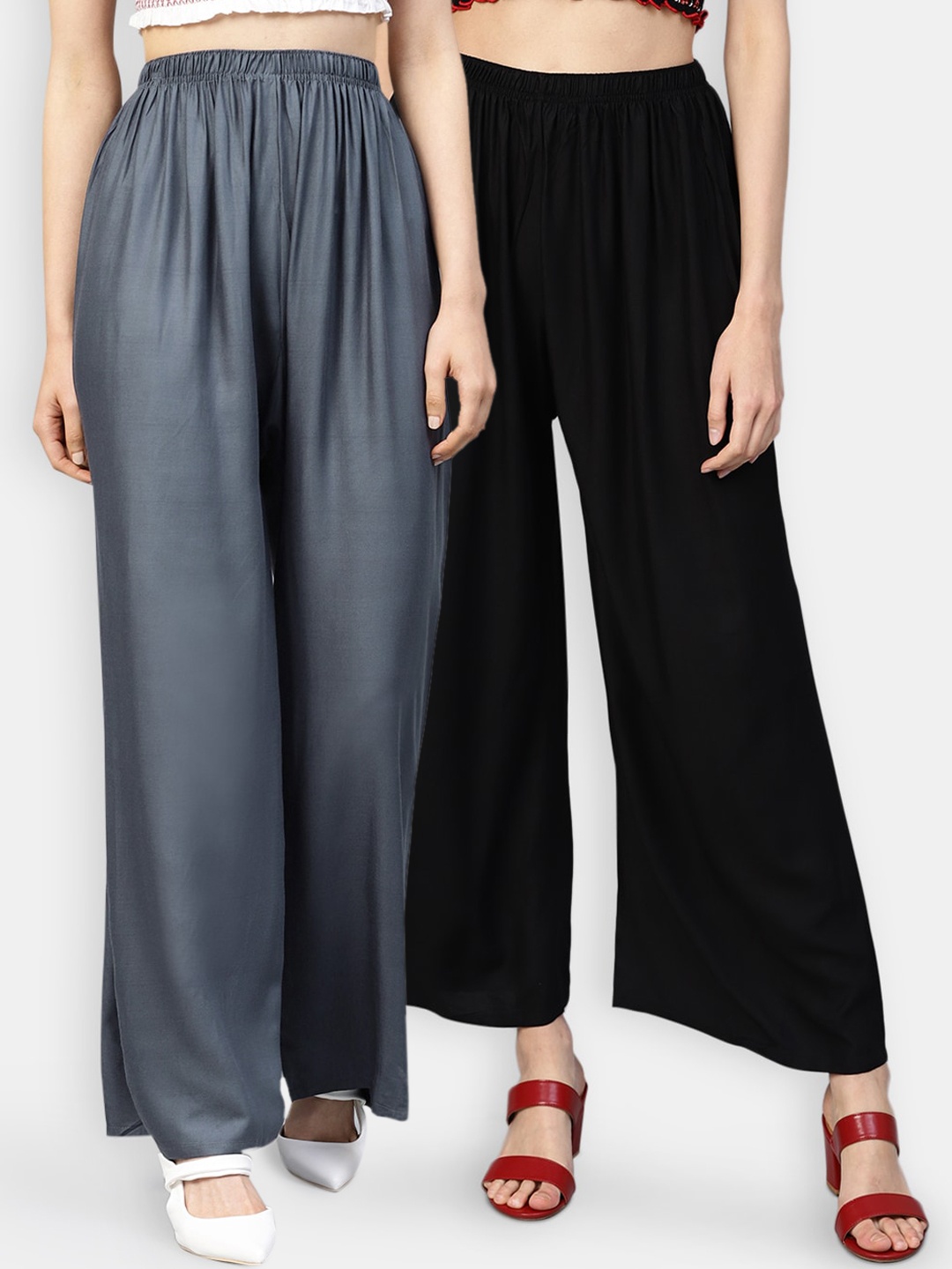 

Jompers Women Black & Grey Solid Wide Leg Palazzos