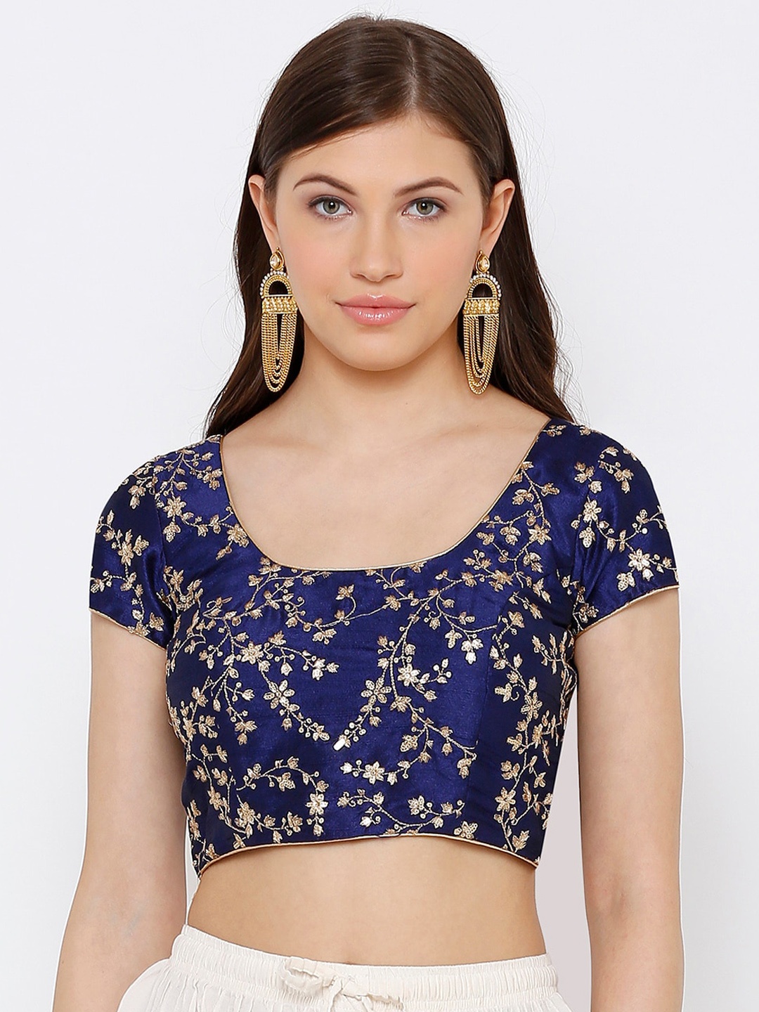 

SALWAR STUDIO Women Navy Blue & Gold-Toned Embroidered Readymade Saree Blouse