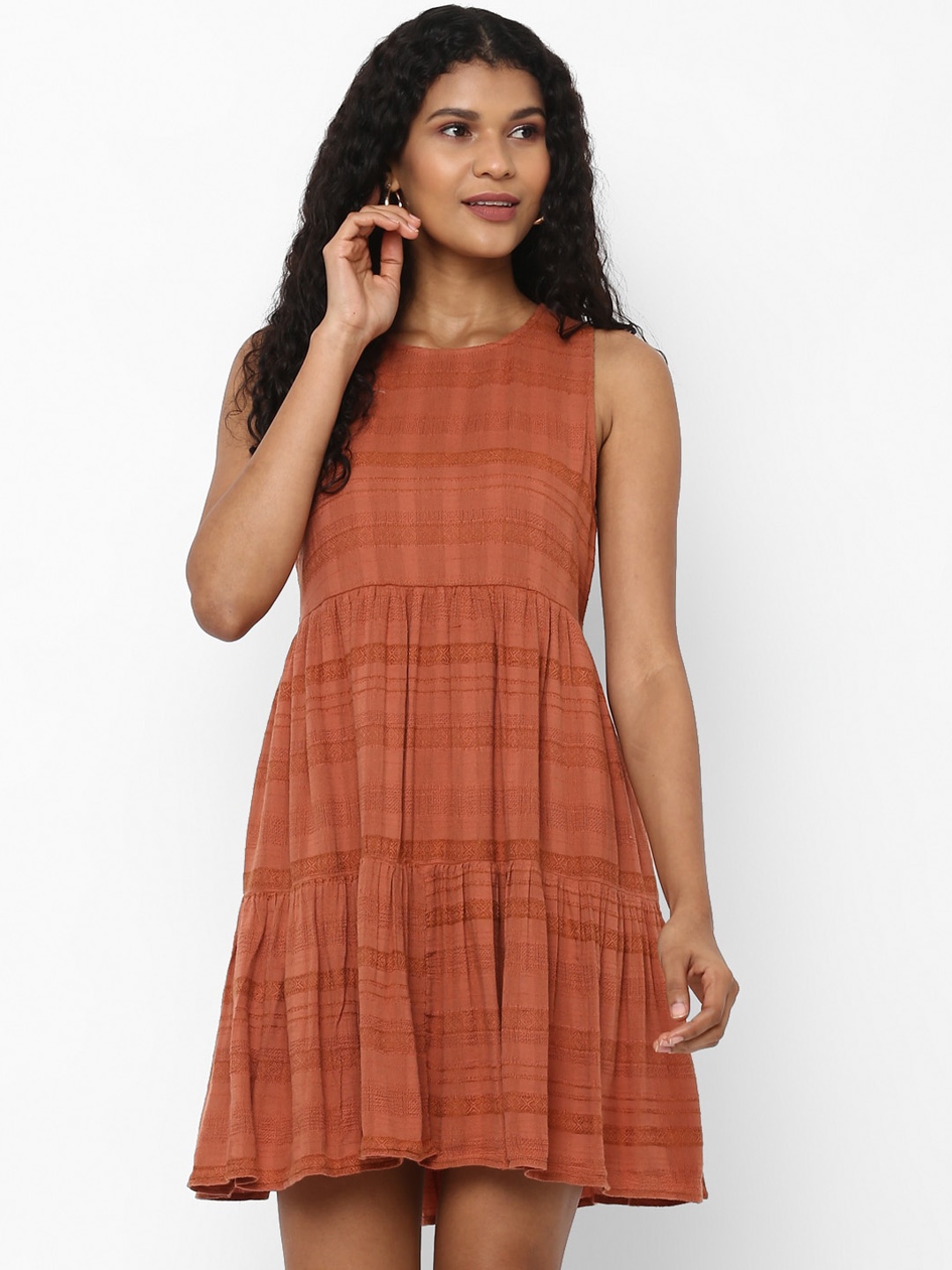 AMERICAN EAGLE OUTFITTERS Women Rust Brown Checked Fit and Flare Dress