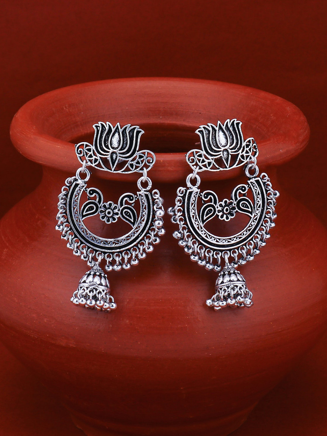 

Sukkhi Silver-Toned & Rhodium-Plated Floral Drop Earrings