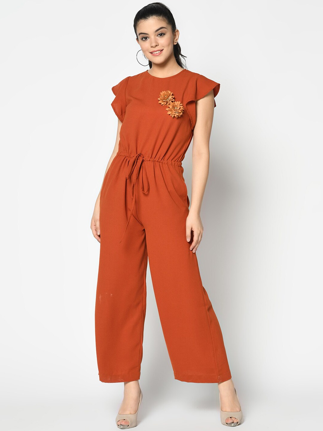 

SQew Women Rust Orange Solid Basic Jumpsuit