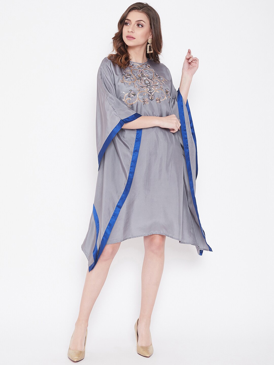 

The Kaftan Company Women Grey Embroidered Pure Silk Kaftan Dress