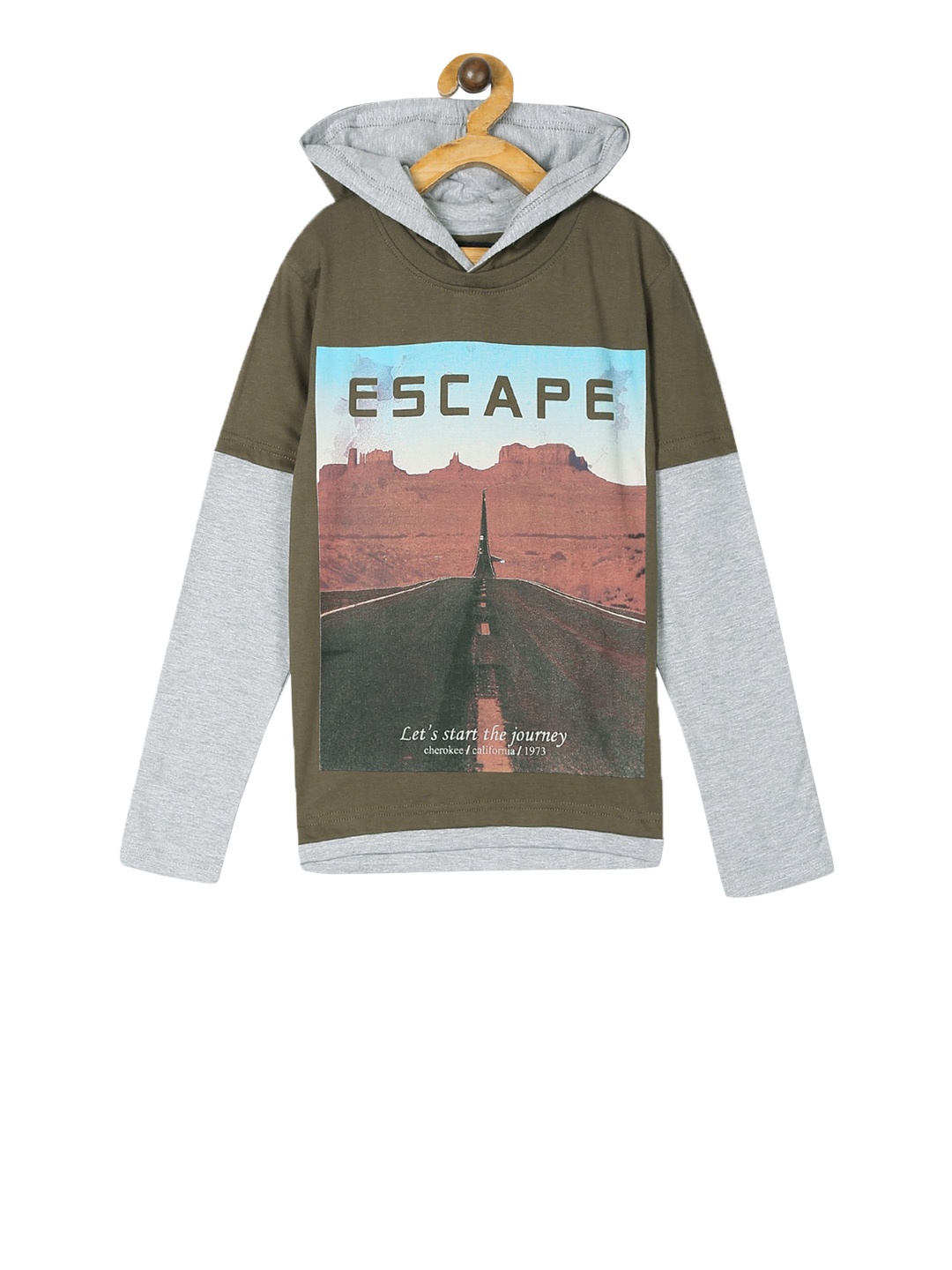 

Cherokee Boys Olive Green Printed Hood Pure Cotton T-shirt