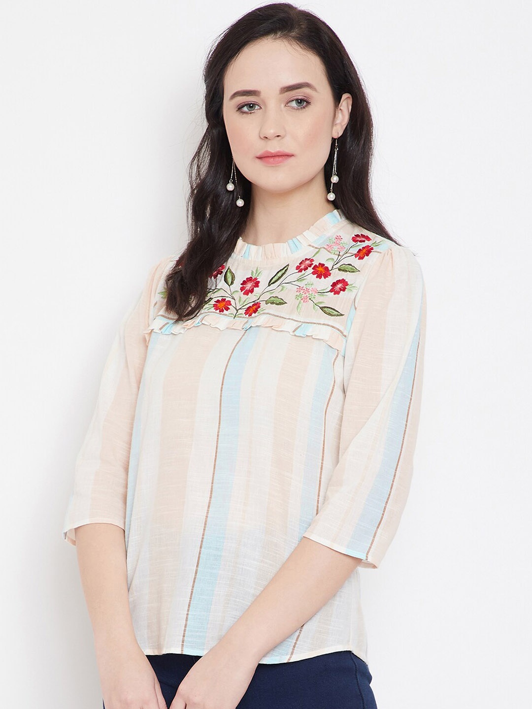 

Ruhaans Women Beige Striped Pure Cotton Top