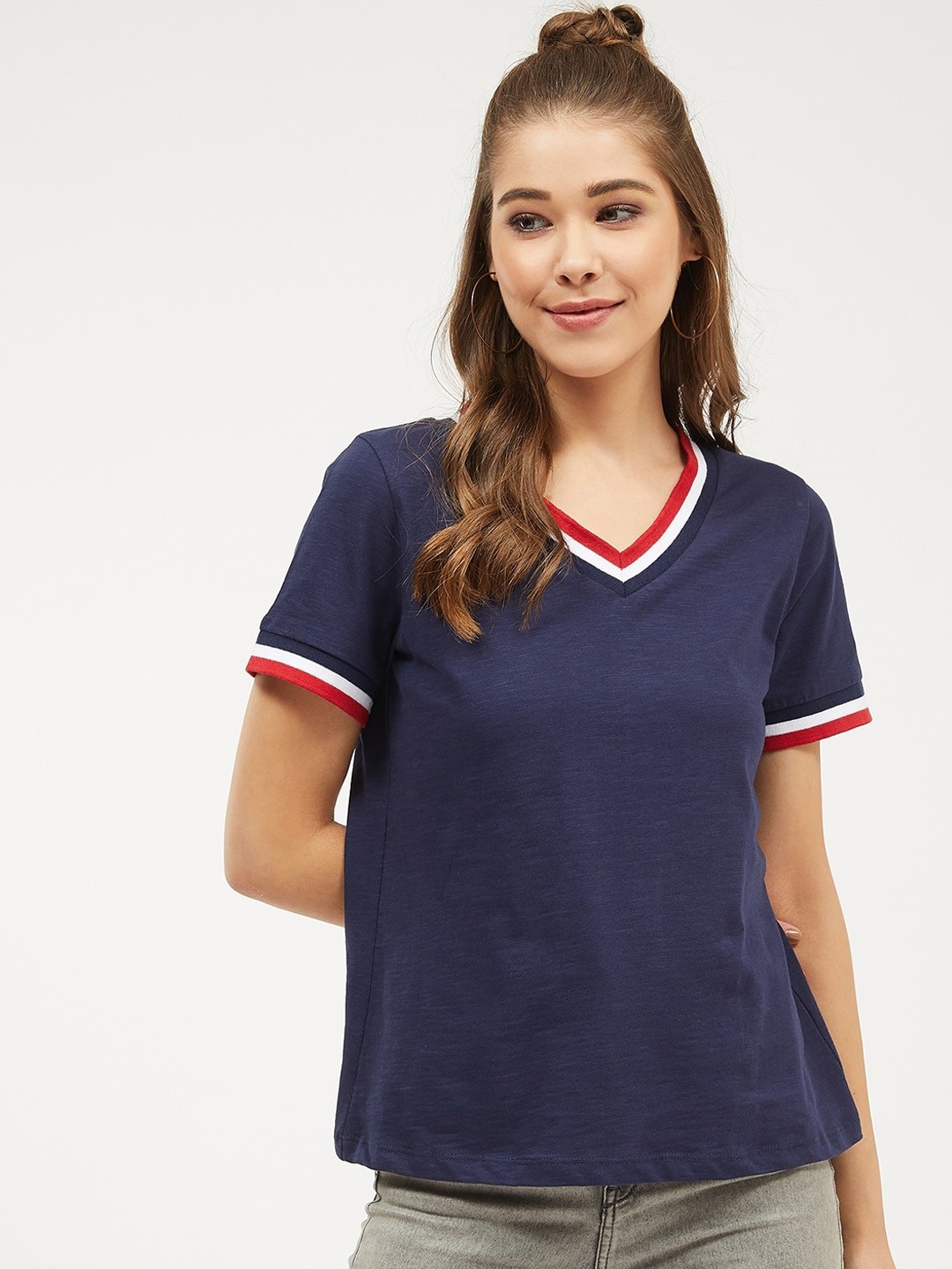 

Harpa Women Navy Blue Solid V-Neck Pure Cotton T-shirt