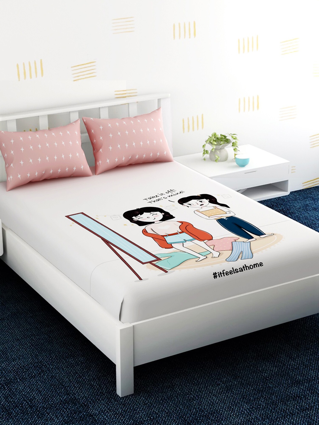 

EverHOME White & Pink Graphic 210 TC Cotton 1 King Bedsheet with 2 Pillow Covers