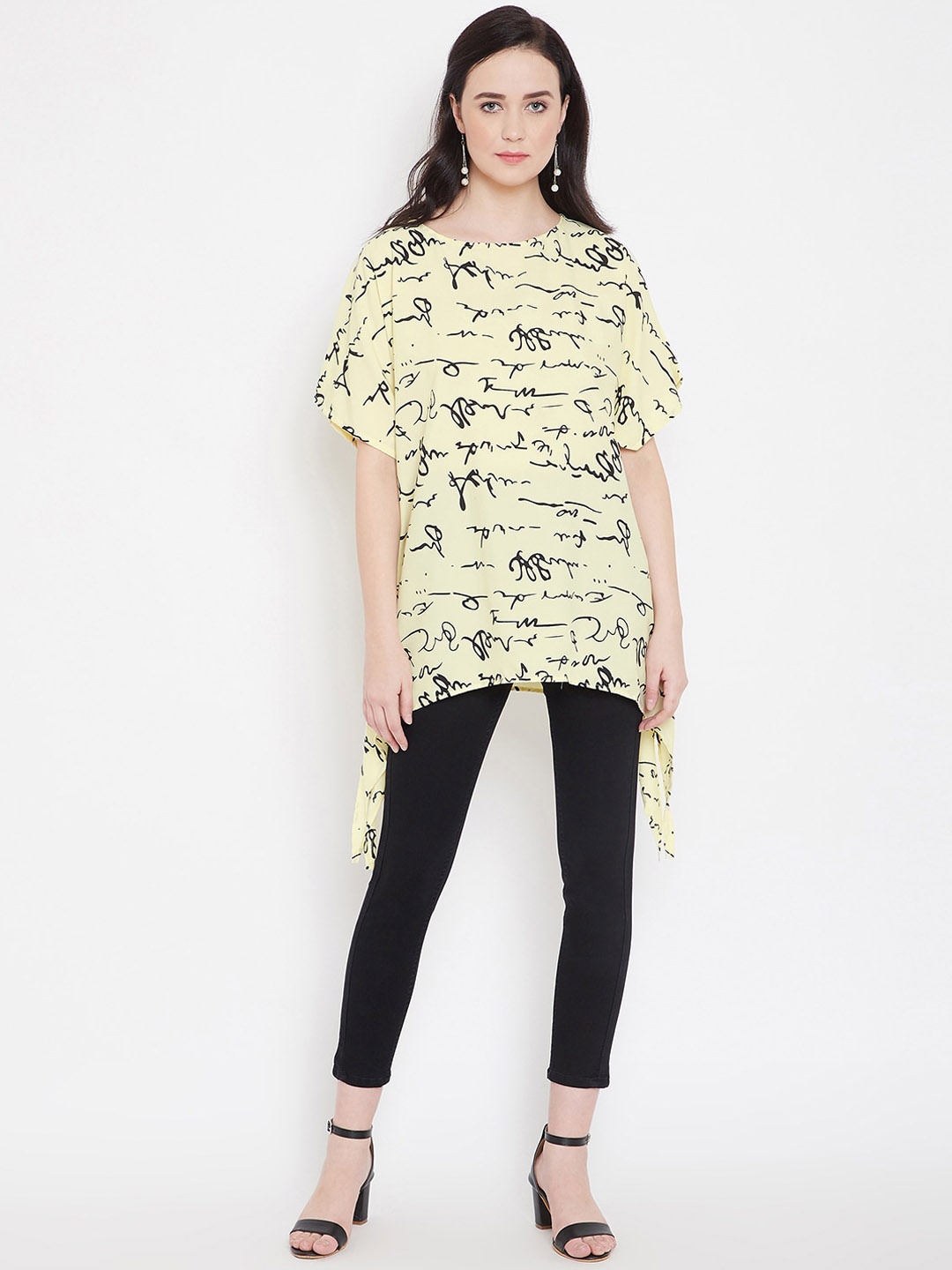 

Ruhaans Women Yellow Printed High-Low Top