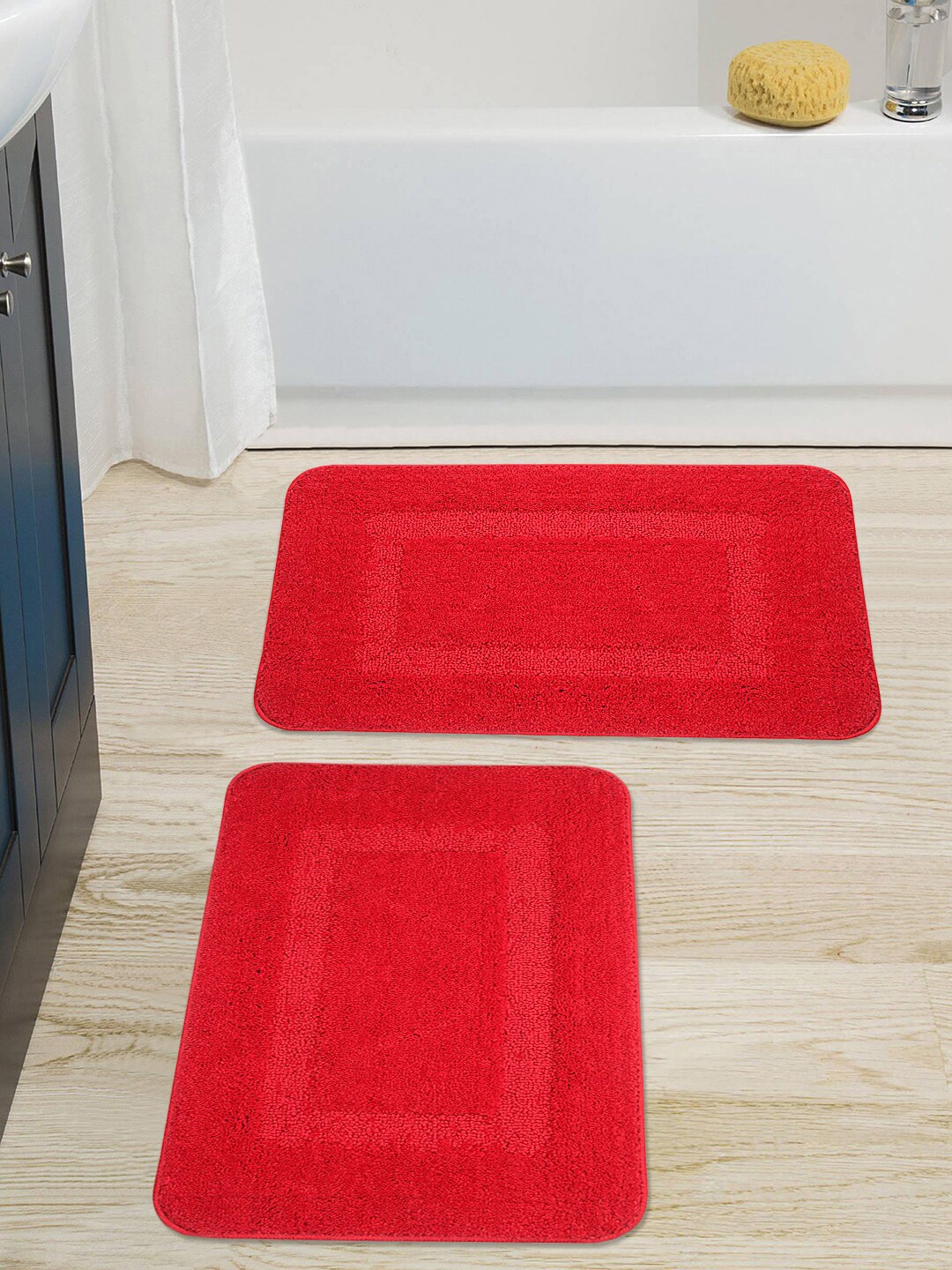 

Saral Home Set of 2 Red Solid Microfibre Anti-Skid Bath Rugs