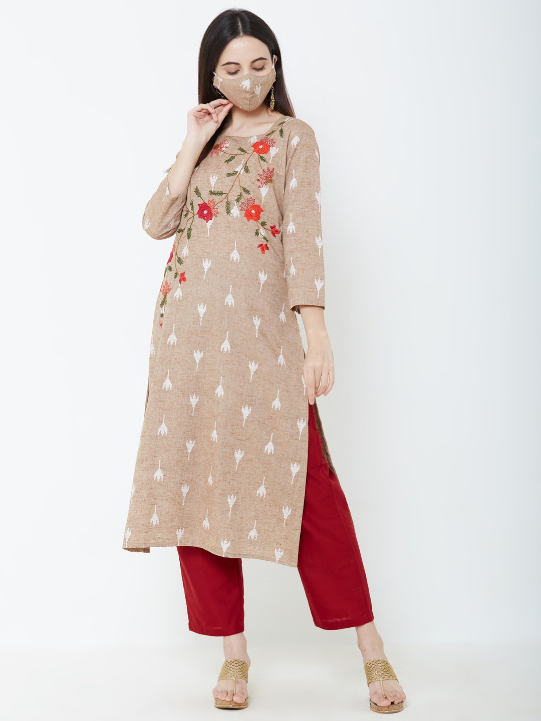 

FASHOR Women Beige & White Embroidered Kurta with Trousers