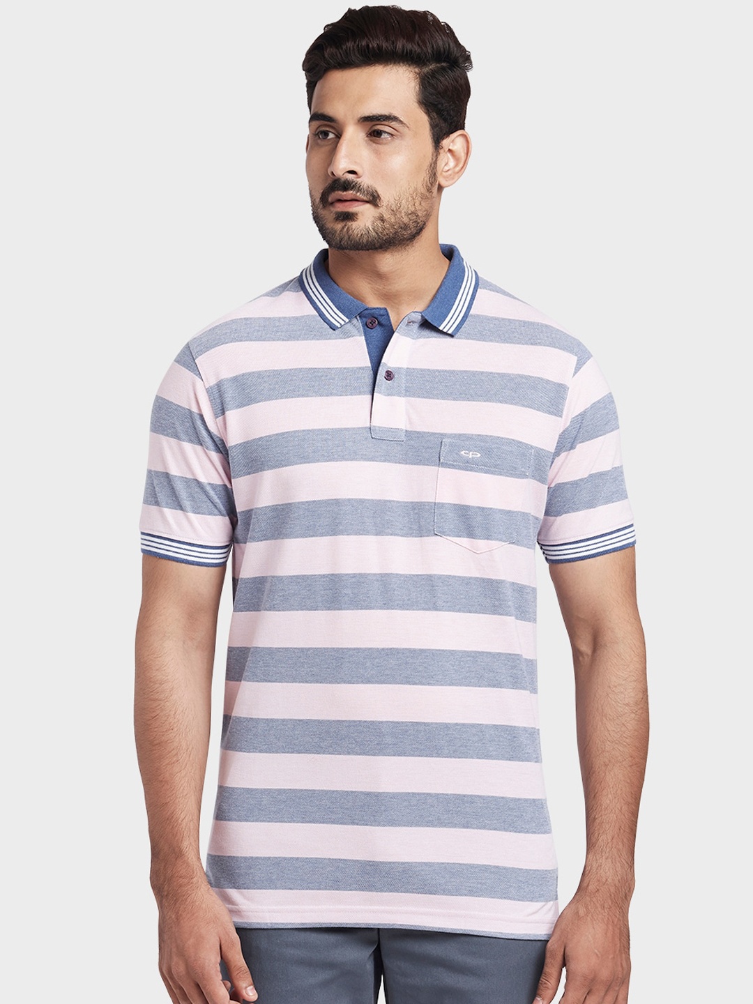 

ColorPlus Men Blue Striped Polo Collar T-shirt