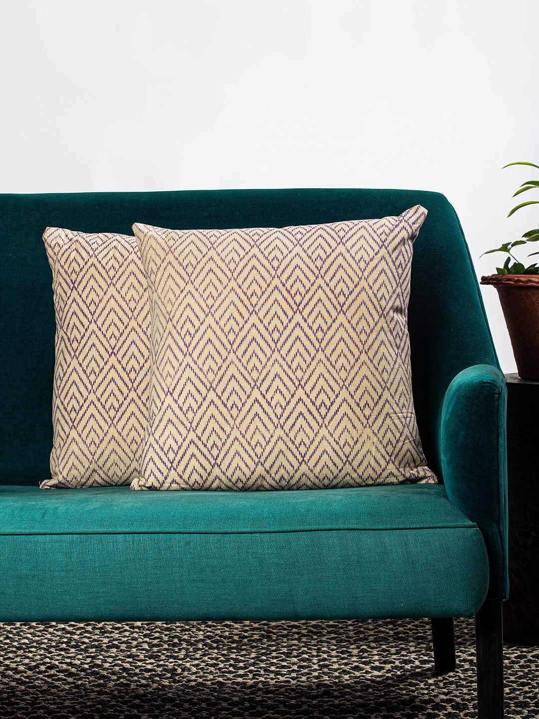 Contrast Living Beige & Purple Set of 2 Geometric Square Cushion Covers
