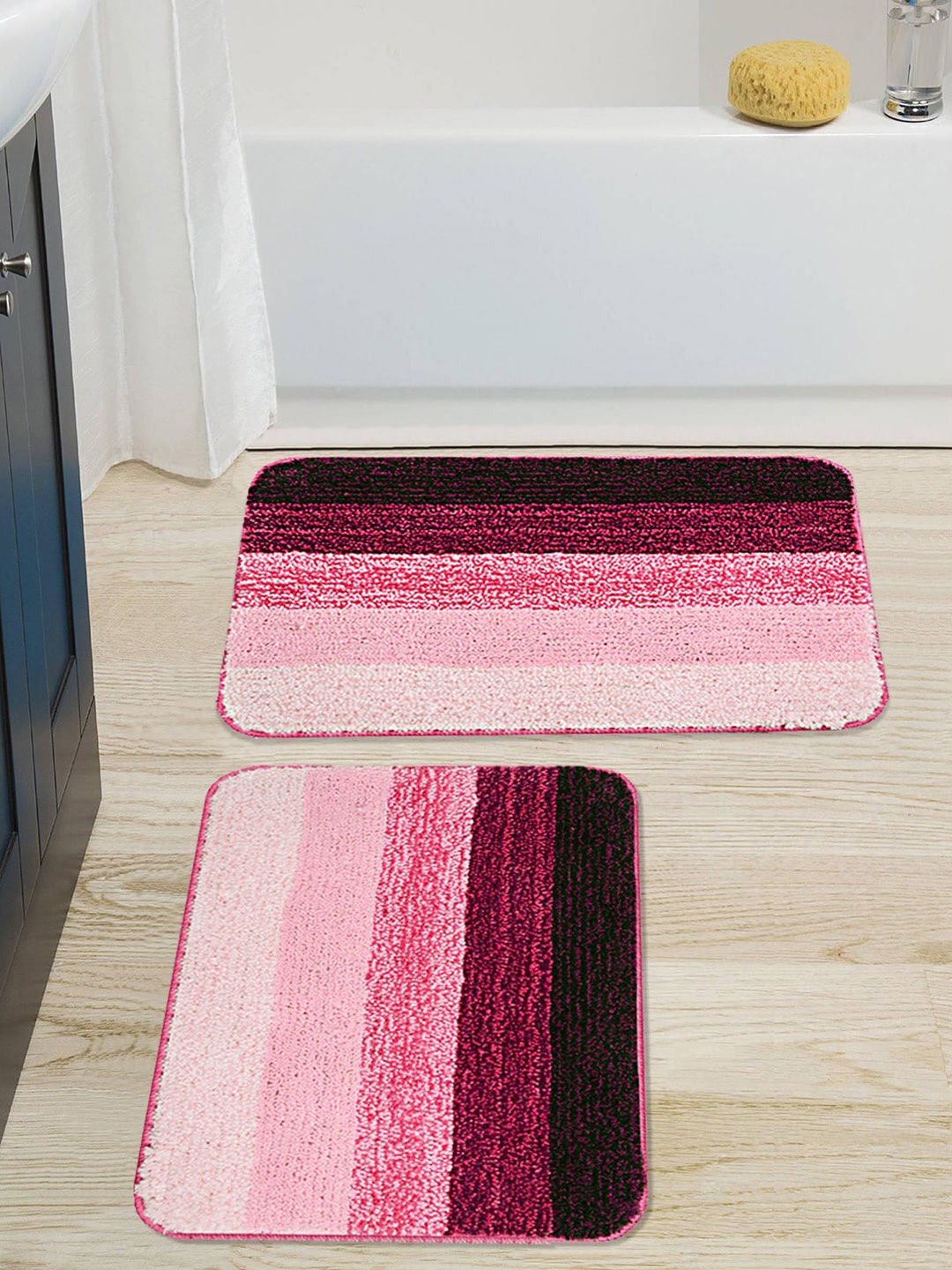 

Saral Home Set Of 2 Pink & Maroon Striped Anti-Skid Bath Mats