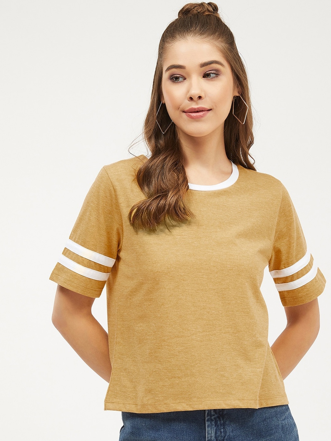 Harpa Women Mustard Yellow White Colourblocked Crop Pure Cotton T-shirt