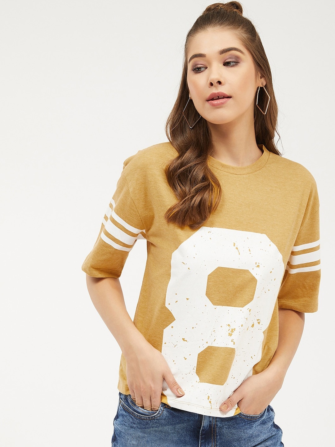

Harpa Women Mustard Yellow Printed Round Neck Pure Cotton T-shirt