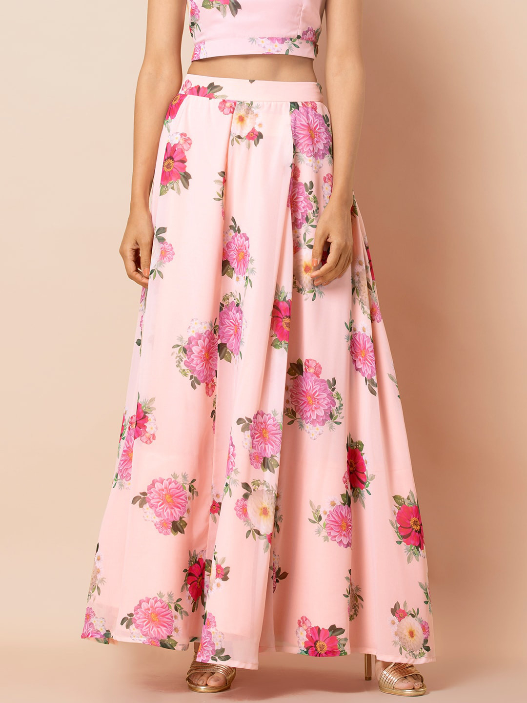 

INDYA Pink & Green Floral Print A-Line Maxi Skirt