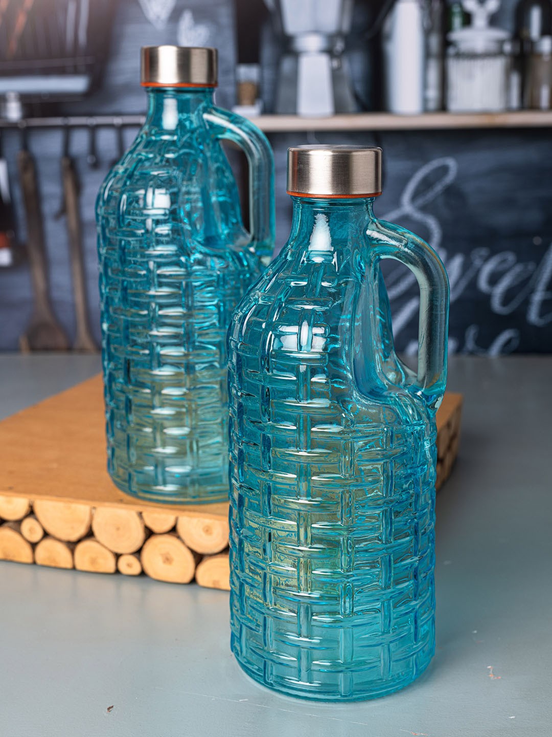

WHITE GOLD Set Of 2 Blue Airtight Glass Bottles