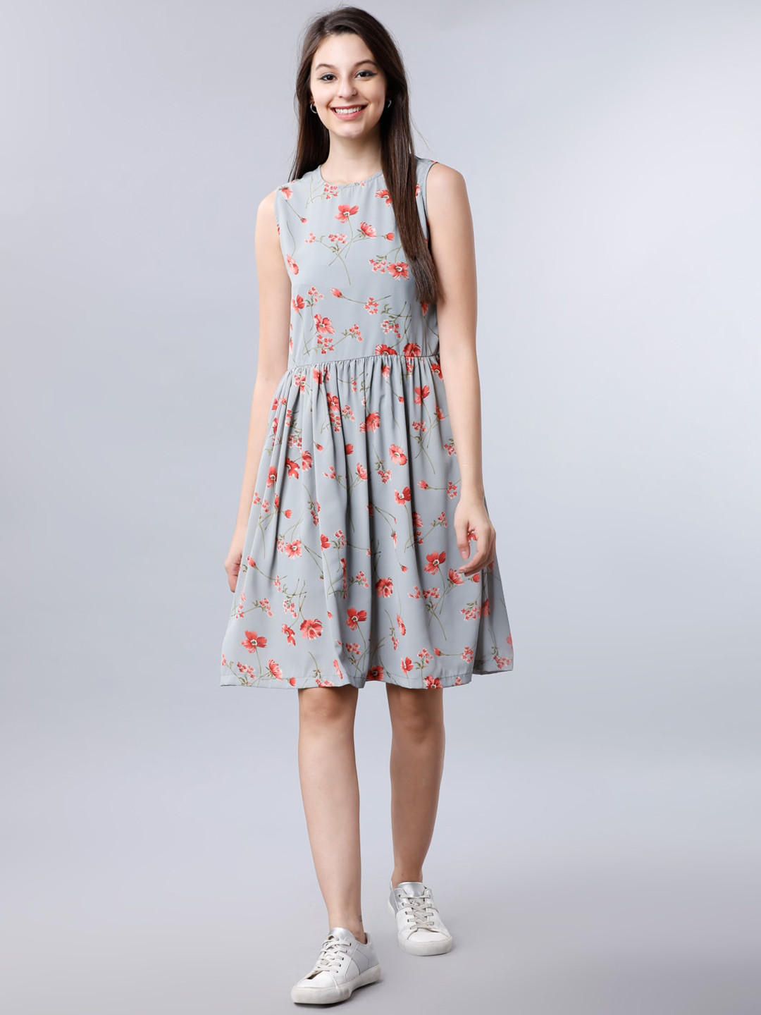 

Tokyo Talkies Women Grey & Orange Floral Print Fit and Flare Dress