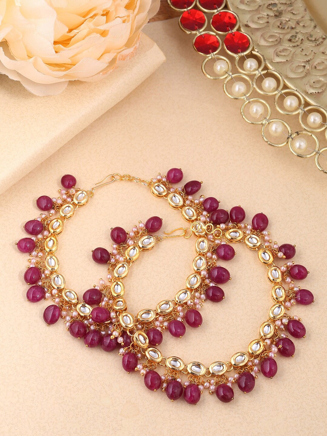 

Shoshaa Set Of 2 Gold-Plated Burgundy & White Kundan-Studded Beaded Handcrafted Anklets