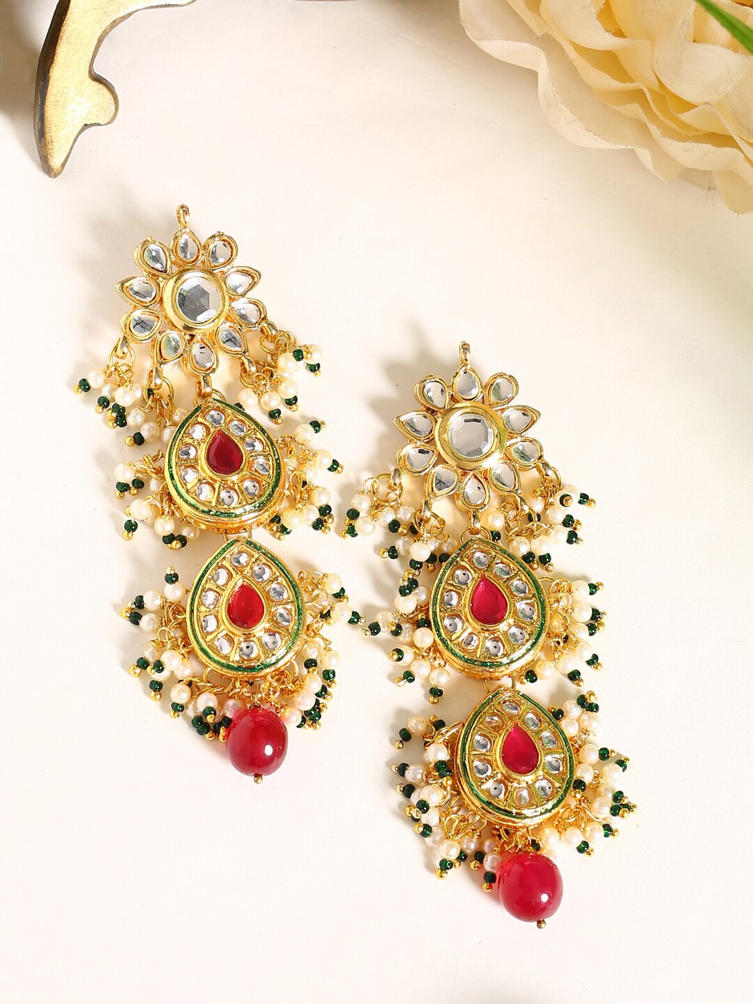 

Shoshaa Red & Green Gold-Plated Handcrafted Kundan Classic Drop Earrings