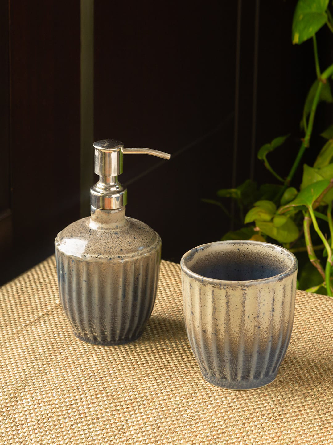 

ExclusiveLane Grey Beige Hand-Glazed Ceramic Two Piece Bathroom Accessories Set