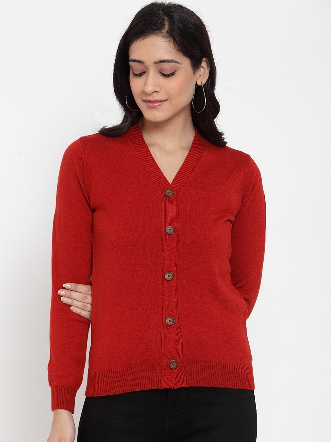 

Kalt Women Acrylic Red Solid Cardigan Sweater
