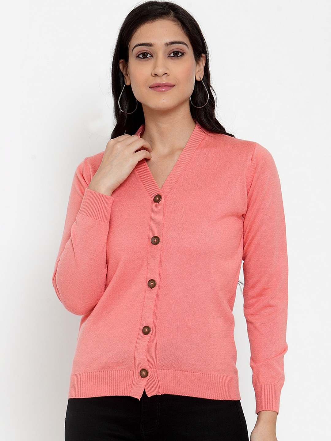 

Kalt Women Peach-Coloured Solid Front-Open Acrylic Sweater