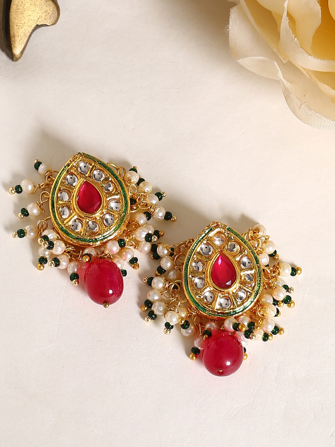 Shoshaa Red & Gold-Plated Handcrafted Kundan Oval Studs