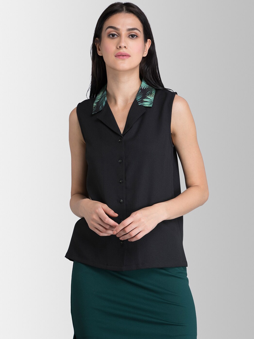 

FableStreet Women Black Solid Shirt Style Top