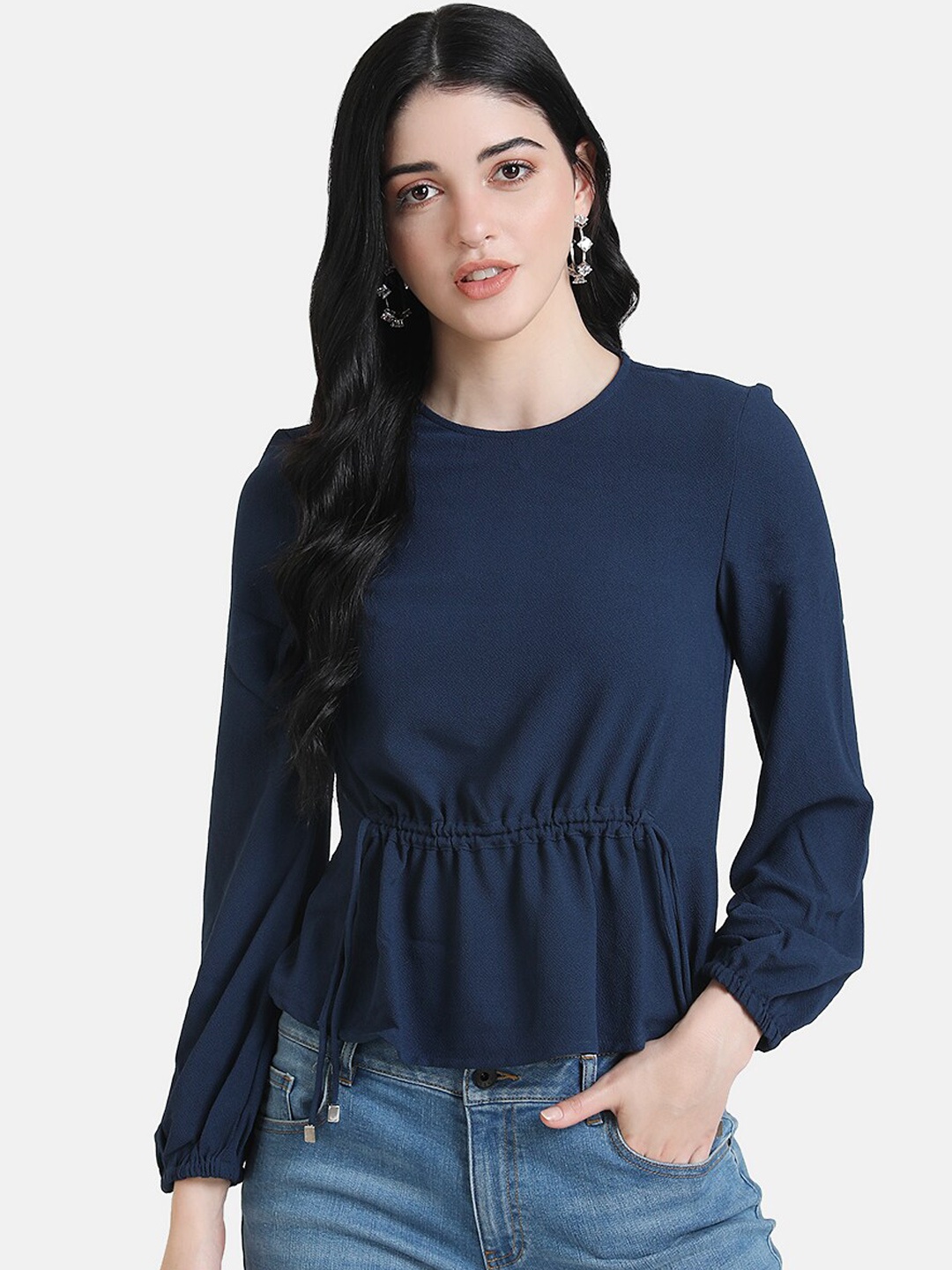 

Kazo Women Navy Blue Solid Cinched Waist Top