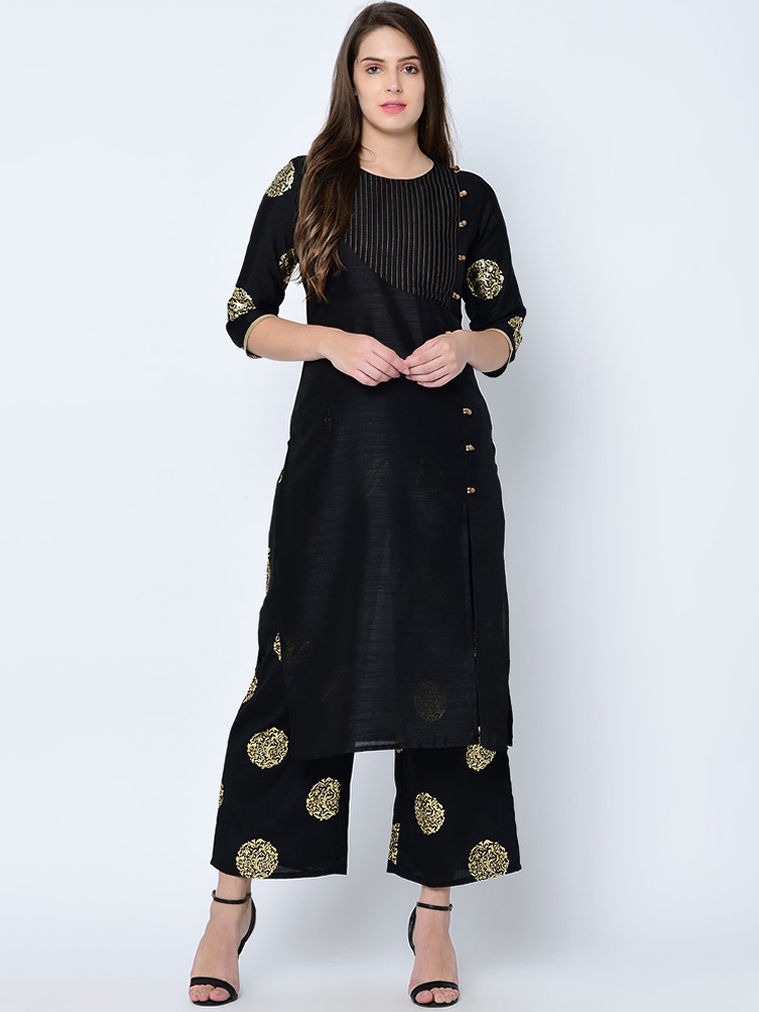 

ZIYAA Women Black & Gold-Toned Solid Straight Kurta