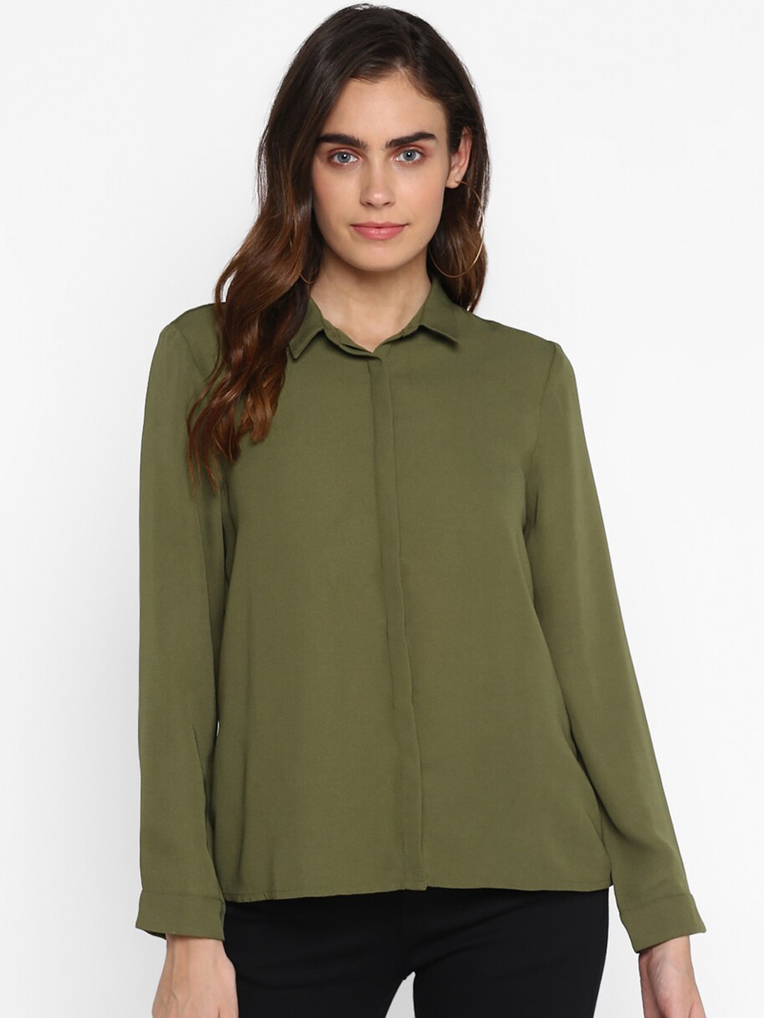 

HOUSE OF KKARMA Women Olive Green Regular Fit Solid Casual Shirt