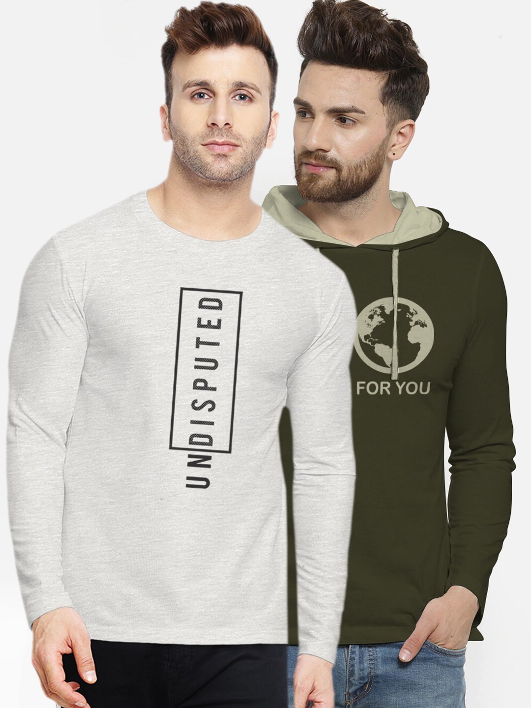 

BULLMER Men Grey Melange Olive Green Pack of 2 Printed Pure Cotton T-shirt