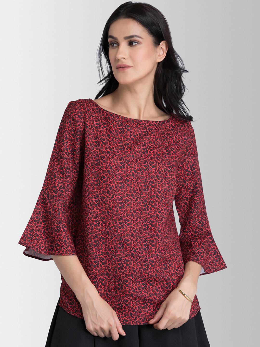 

FableStreet Women Red & Black Micro Floral Printed Top