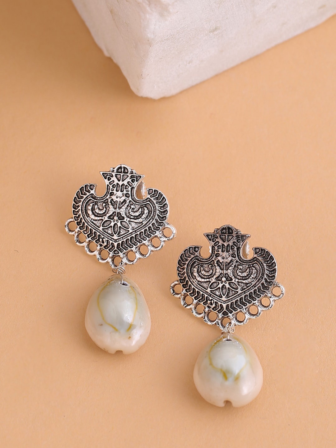 Shoshaa White & Silver-Plated Oxidised Contemporary Drop Earrings