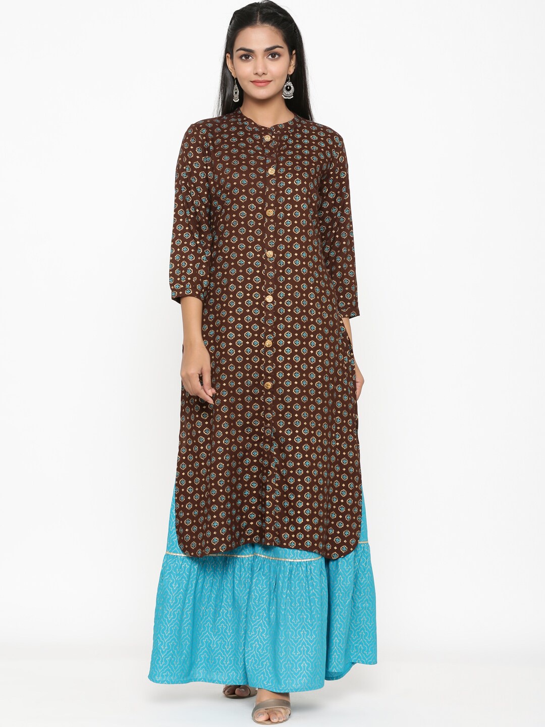 

RANGMAYEE Women Brown & Turquoise Blue Printed Kurta with Sharara
