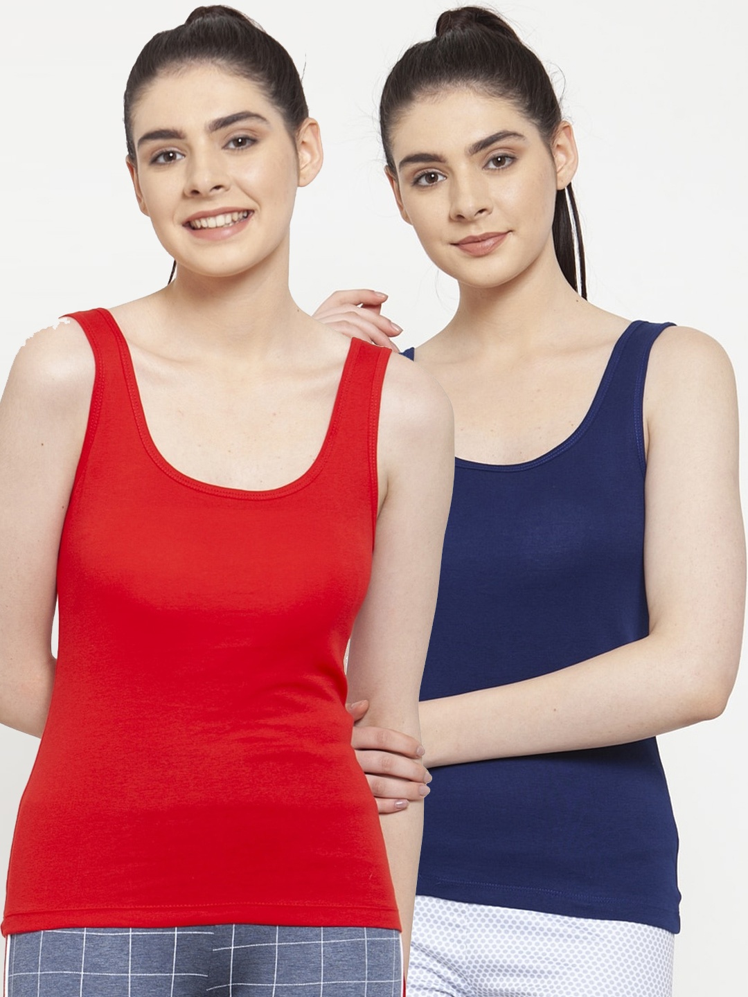 Friskers Women Pack Of 2 Red & Blue Solid Tank Tops