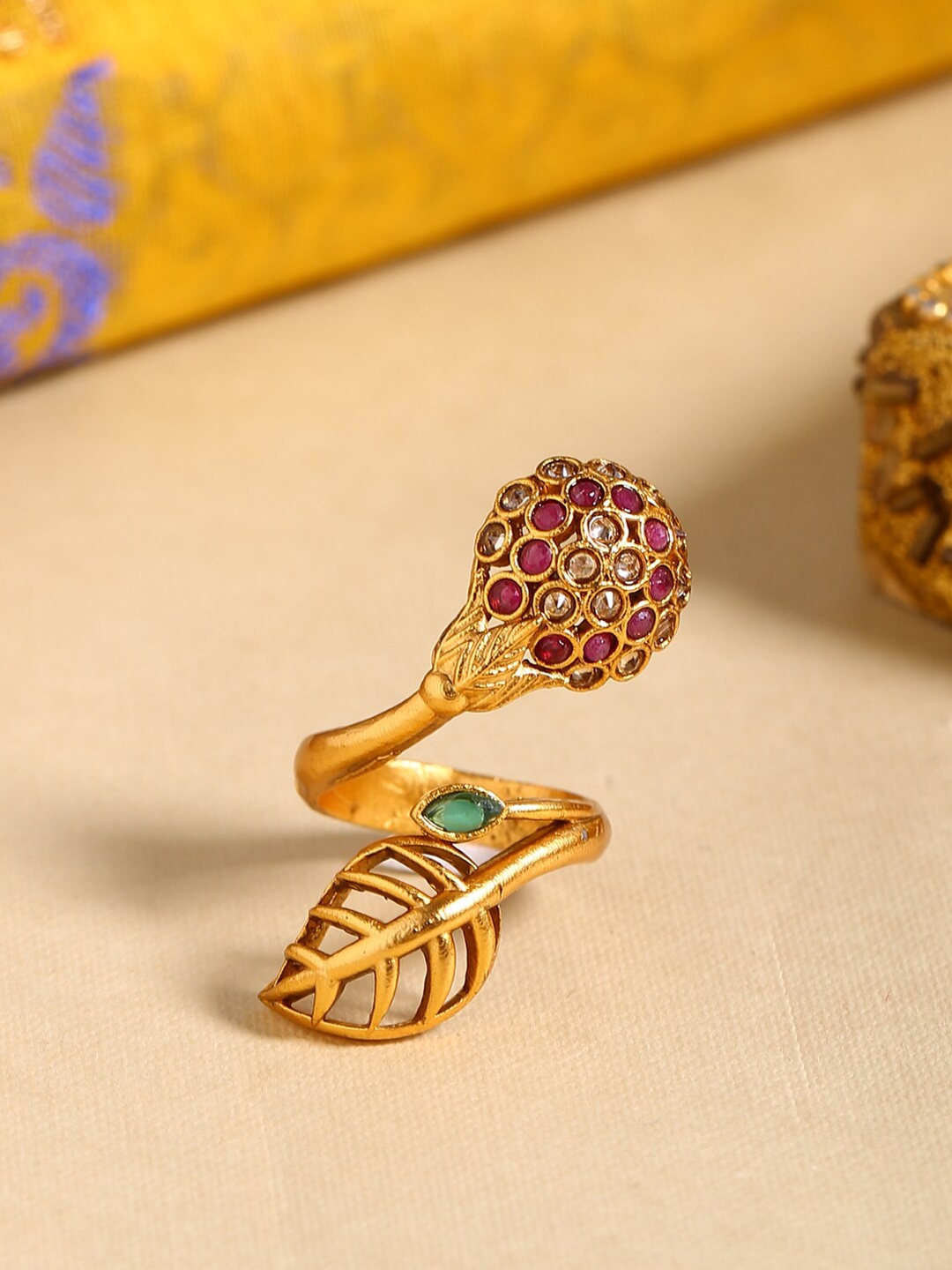 

Shoshaa Gold-Plated Red & Green Stone-Studded Handcrafted Finger Ring