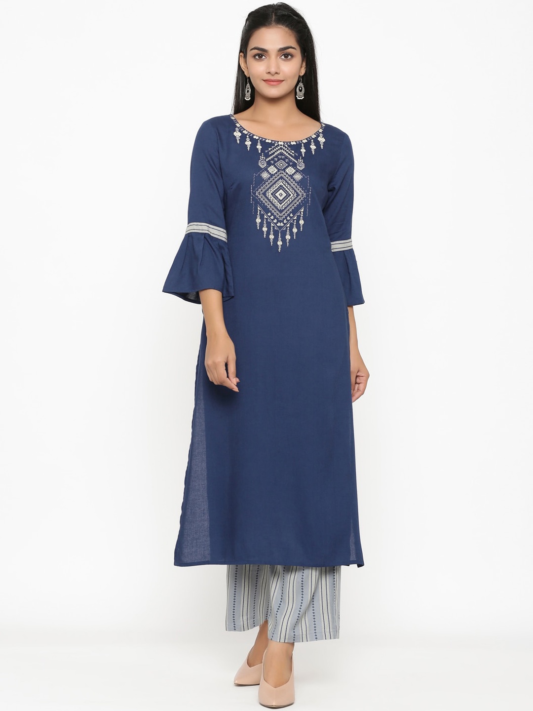 

RANGMAYEE Women Blue & Grey Embroidered Kurta with Palazzos