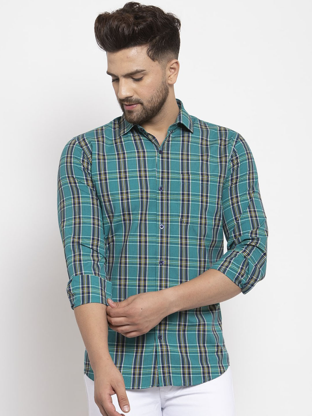 

JAINISH Men Green Smart Regular Fit Checked Casual Shirt