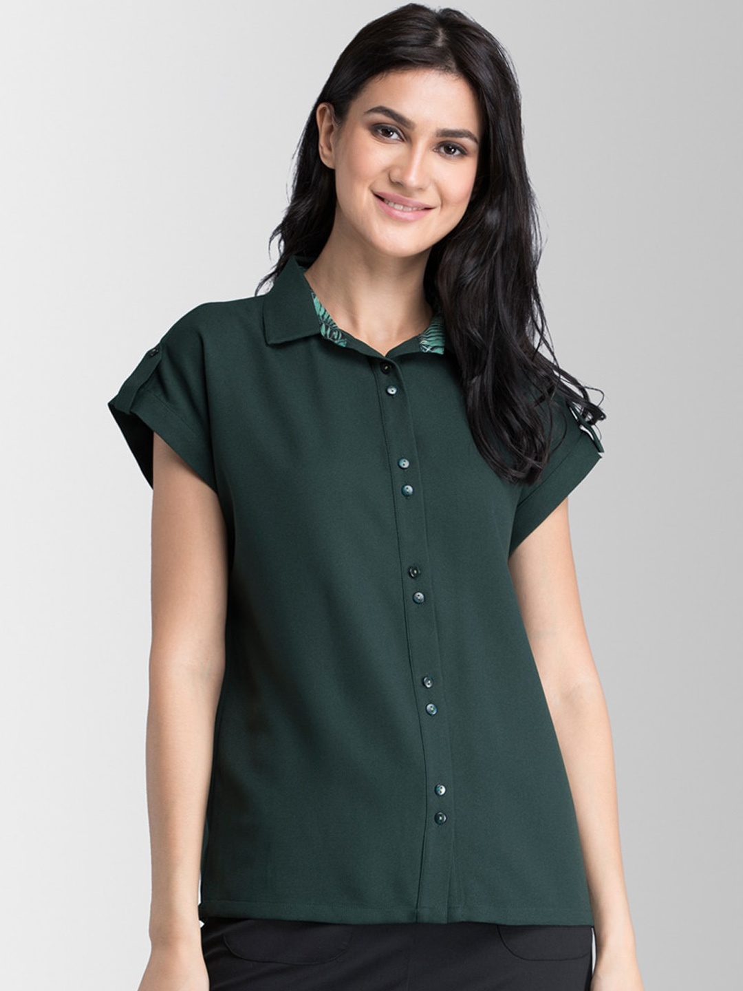 

FableStreet Women Green Boxy Solid Formal Shirt