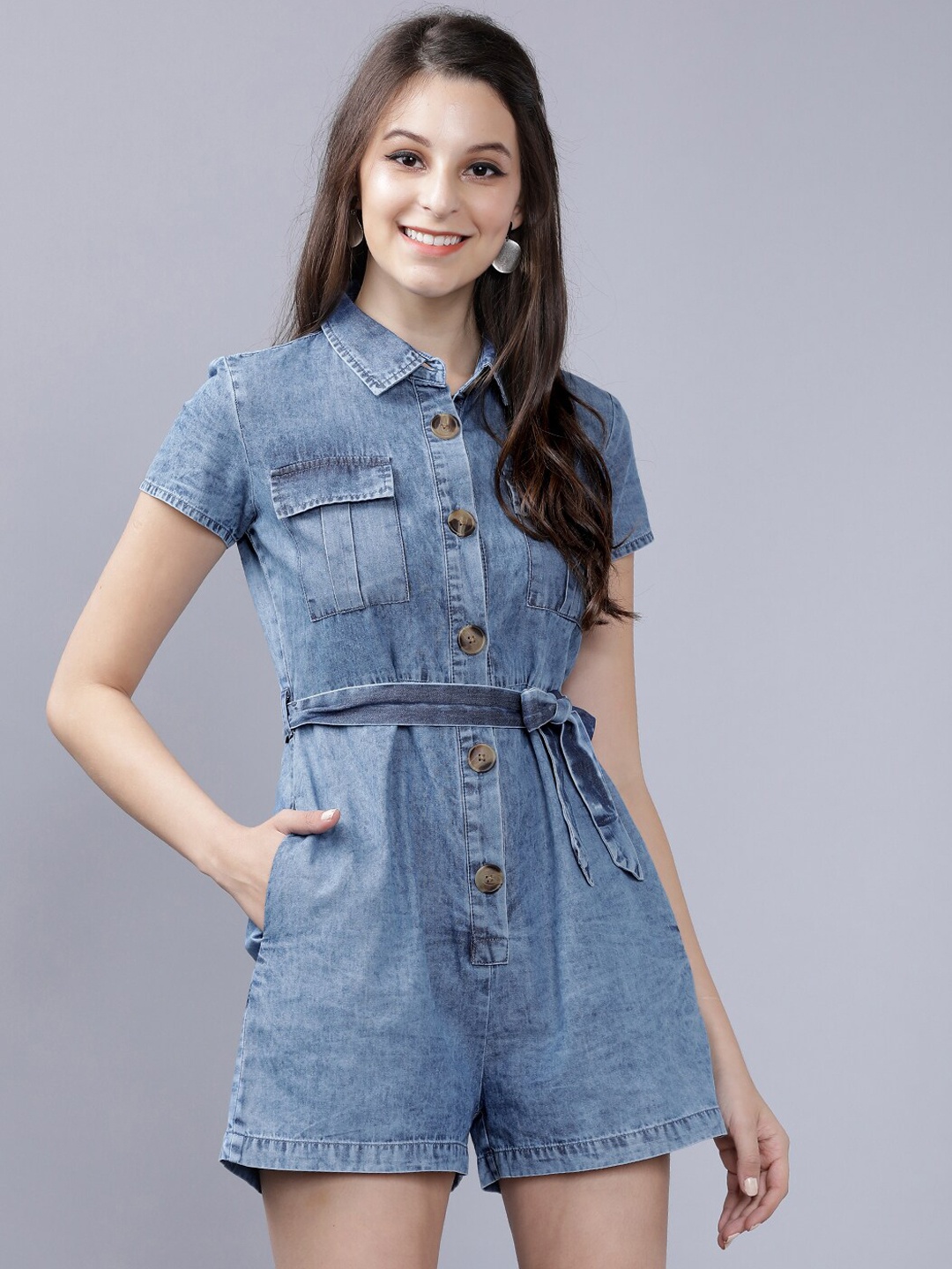 

Tokyo Talkies Women Blue Solid Denim Playsuit