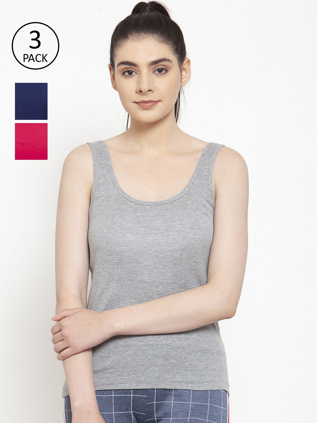

Friskers Women Grey Melange & Navy Blue Pack of 3 Solid Tank Top