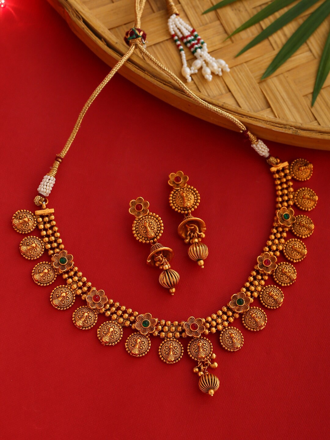 

Shoshaa Gold-Plated Red & Green Stone-Studded Beaded Jewellery Set