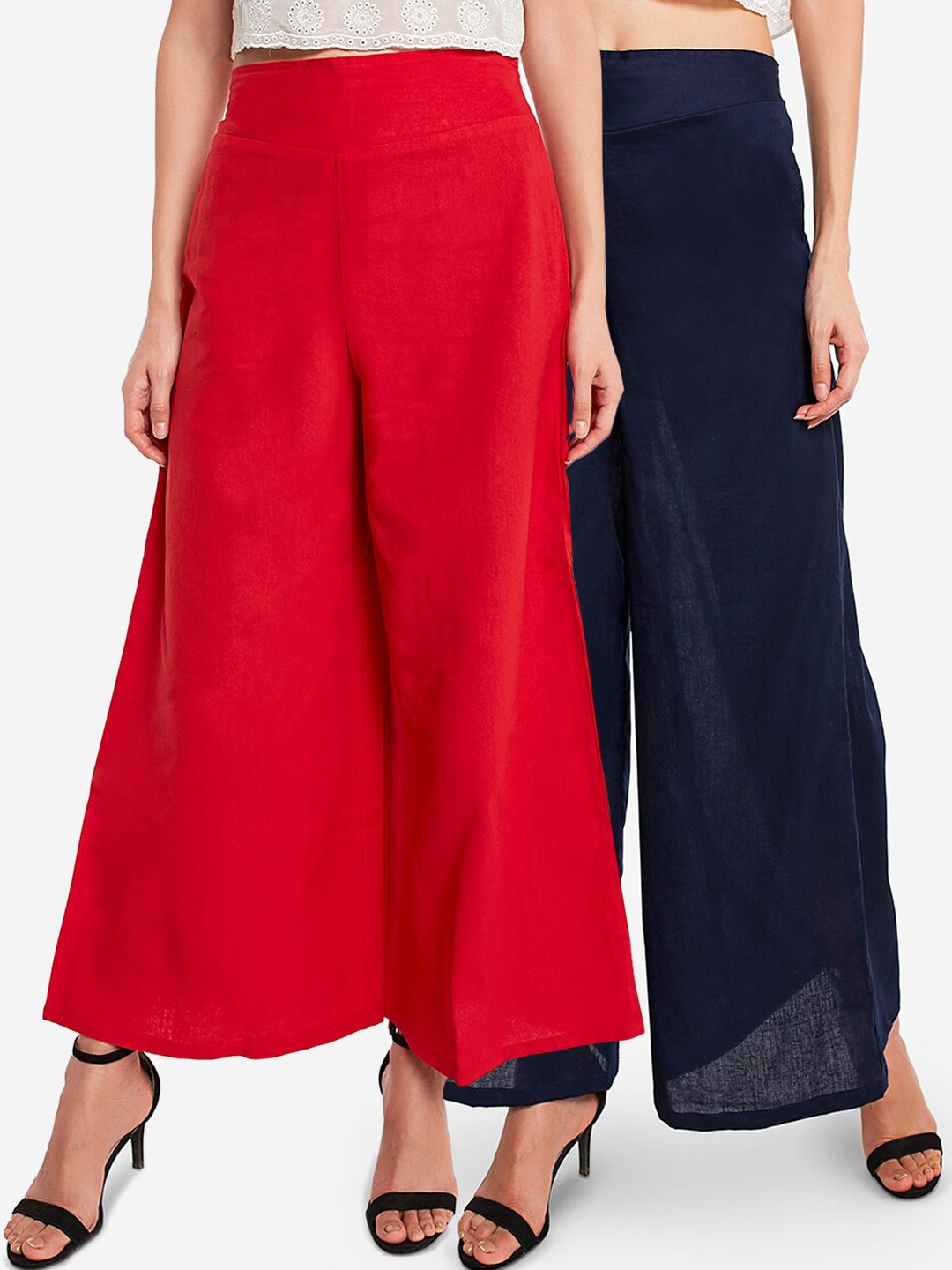 

Desi Weavess Women Pack Of 2 Solid Flared Palazzos, Red
