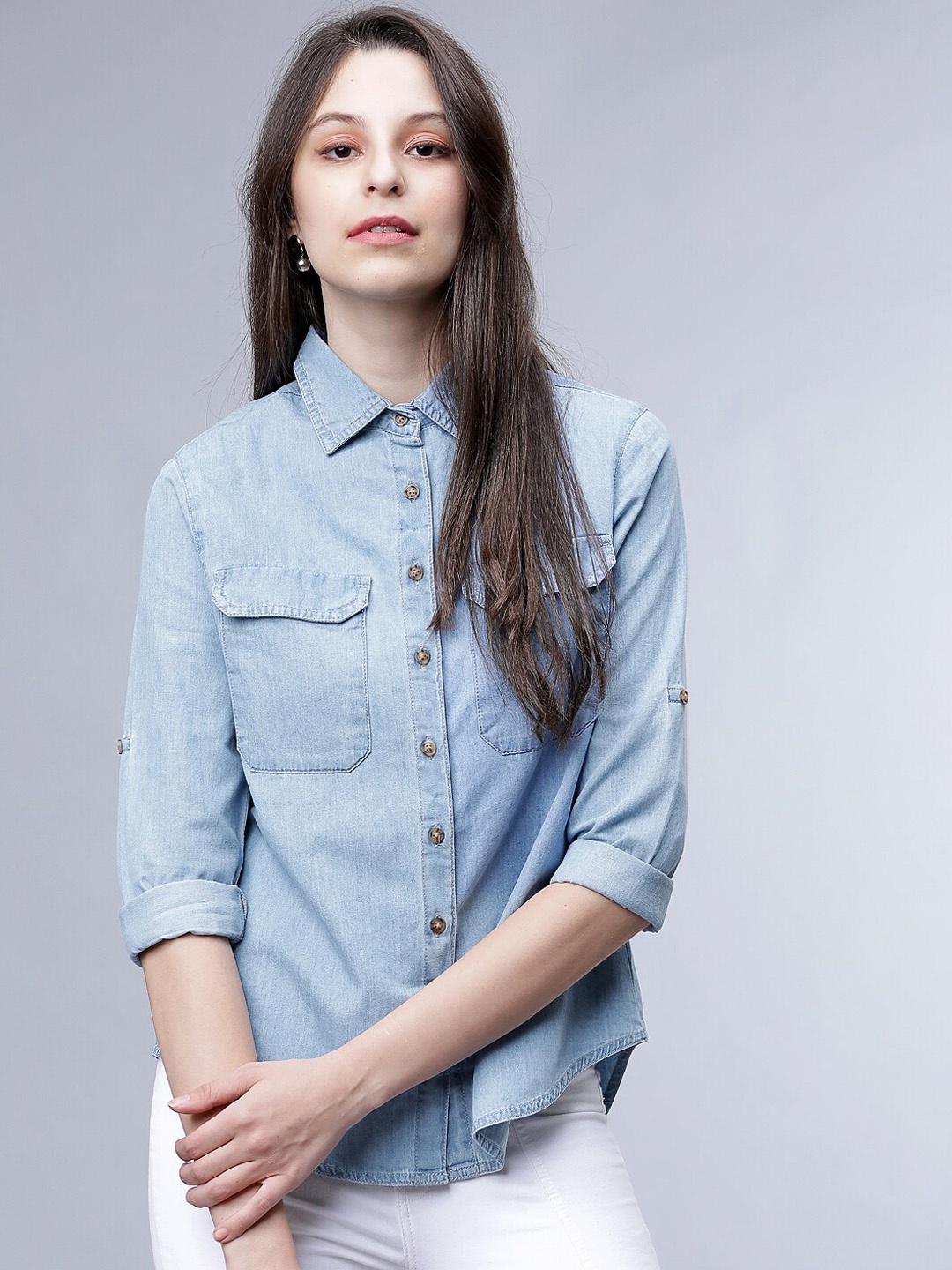 

Tokyo Talkies Women Blue Slim Fit Solid Casual Shirt