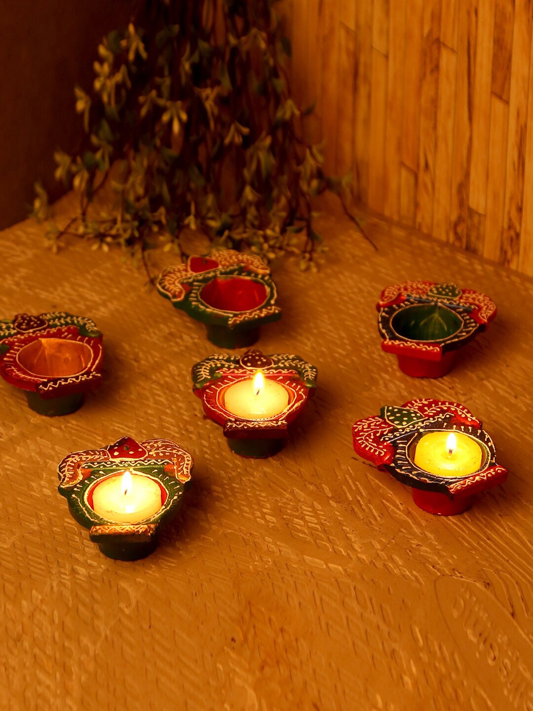 

Aapno Rajasthan Set of 6 Green & White Hand-Painted Terracotta Diyas