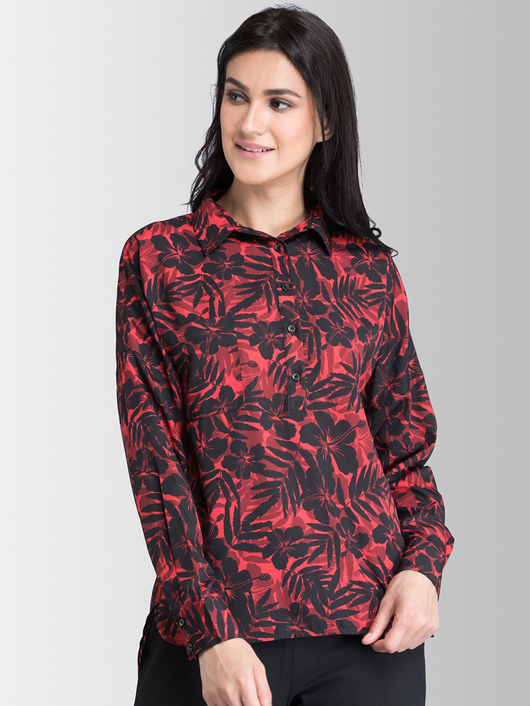 

FableStreet Women Red Floral Printed Shirt Style Top