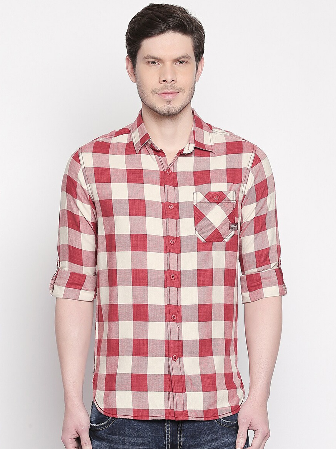 

Mufti Men Off-White & Red Slim Fit Checked Casual Shirt