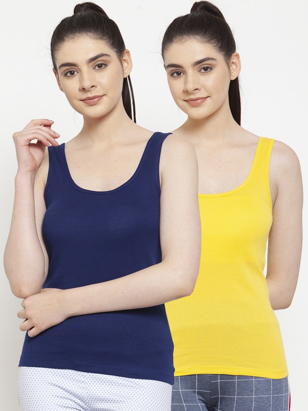 Friskers Women Navy Blue & Yellow Pack of 2 Solid Tank Top