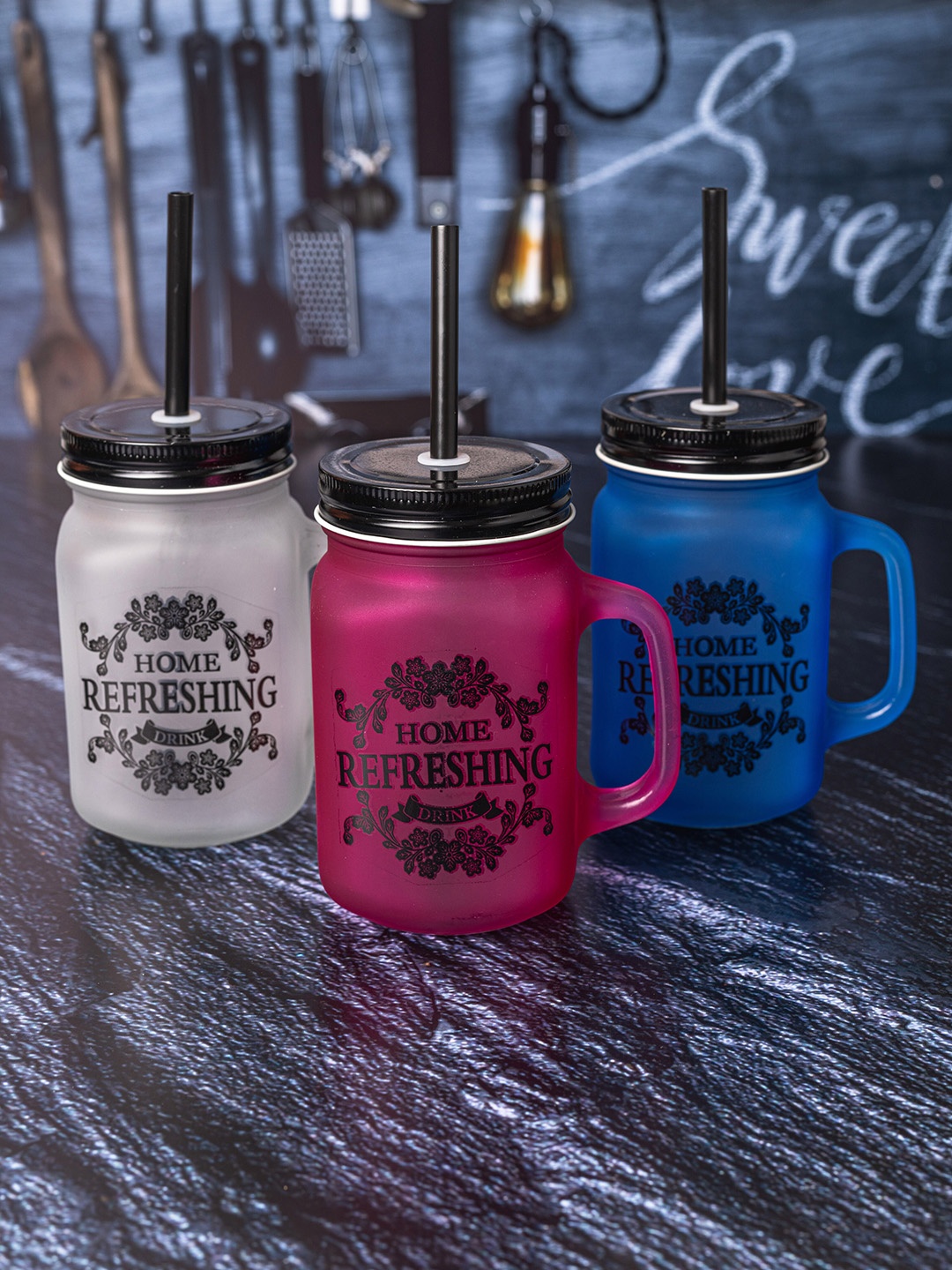 

GOODHOMES Set Of 3 Printed Glass Mason Jars With Lid & Straw 450 ml each, Pink